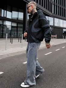 Artur Kramer Manfinity Streetrush 男士长袖休闲撞色拼接设计夹克，适合春秋季穿着，科技风夹克，黑色图案夹克，图案拉链夹克，男士长袖防风夹克，男士长袖短款夹克 - 黑色 - 查看 4