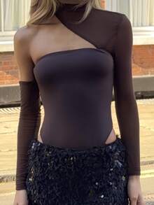 Wiktoria Wolska 女款黑色網紗拼接不對稱抹胸連身衣，演唱會穿搭套裝，音樂節穿搭，夏季上衣，秋季 - 咖啡棕 - 查看 6