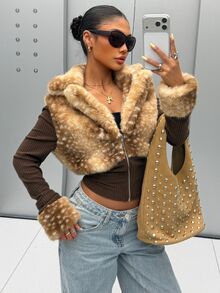 Muchica A Versatile Women's 2-In-1 Outdoor Winter Jacket That Perfectly Embodies The Y2K Aesthetic, Blending Faux Fur With A Fawn-Spotted Print Panel Design. - Multicolor - View 4