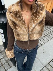 Muchica A Versatile Women's 2-In-1 Outdoor Winter Jacket That Perfectly Embodies The Y2K Aesthetic, Blending Faux Fur With A Fawn-Spotted Print Panel Design. - Multicolor - View 7