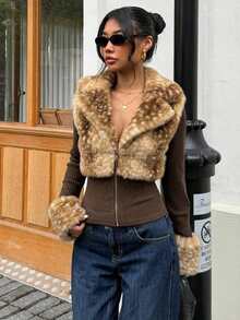 Muchica A Versatile Women's 2-In-1 Outdoor Winter Jacket That Perfectly Embodies The Y2K Aesthetic, Blending Faux Fur With A Fawn-Spotted Print Panel Design. - Multicolor - View 1