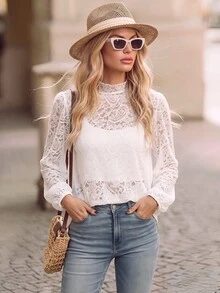 Brillora Women's Lace Stand Collar Long Sleeve Elegant Blouse - White - View 13