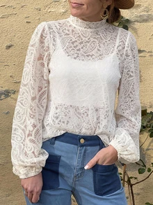 Brillora Women's Lace Stand Collar Long Sleeve Elegant Blouse - White - View 14