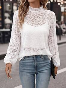 Brillora Women's Lace Stand Collar Long Sleeve Elegant Blouse - White - View 9