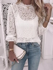 Brillora Women's Lace Stand Collar Long Sleeve Elegant Blouse - White - View 10