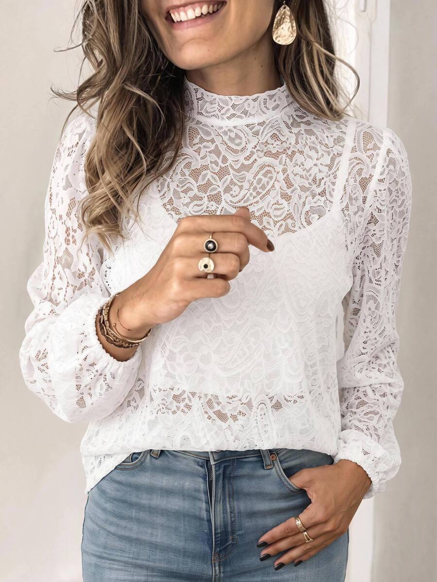 Brillora Women's Lace Stand Collar Long Sleeve Elegant Blouse - White - View 1