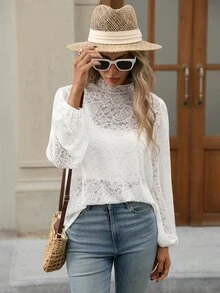 Brillora Women's Lace Stand Collar Long Sleeve Elegant Blouse - White - View 6