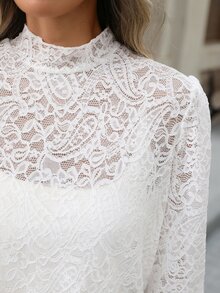 Brillora Women's Lace Stand Collar Long Sleeve Elegant Blouse - White - View 2