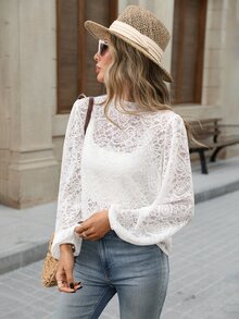 Brillora Women's Lace Stand Collar Long Sleeve Elegant Blouse - White - View 5