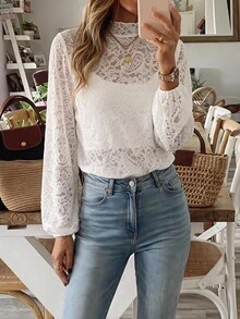 Brillora Women's Lace Stand Collar Long Sleeve Elegant Blouse - White - View 11
