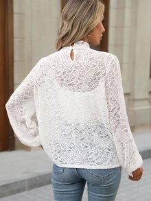 Brillora Women's Lace Stand Collar Long Sleeve Elegant Blouse - White - View 3
