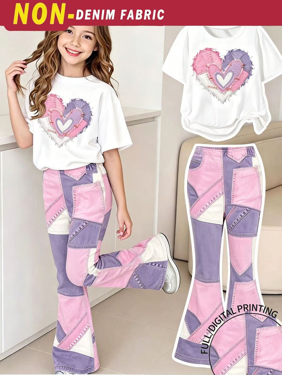 SHEIN 青少年女孩數位愛心圖案短袖上衣與喇叭褲套裝,春夏休閒舒適時尚風格,適合戶外運動、野餐 - 彩色 - 查看 1