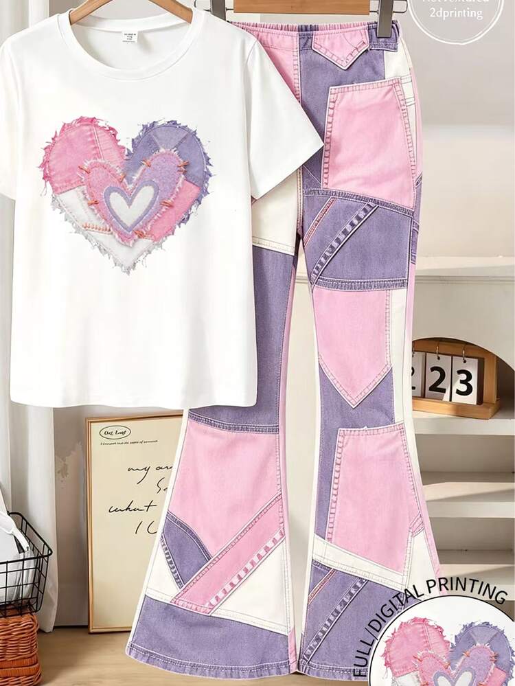 SHEIN Tween Girls Digital Heart Pattern Short Sleeve & Flare Pants Set, Spring/Summer Casual Comfortable Fashion Style, Outdoor Sports, Picnic - Multicolor - View 5