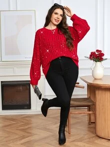 Comfylo Plus Size Christmas Autumn/Winter Fashion Sequin Sweater - Red - View 3