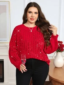 Comfylo Plus Size Christmas Autumn/Winter Fashion Sequin Sweater - Red - View 4