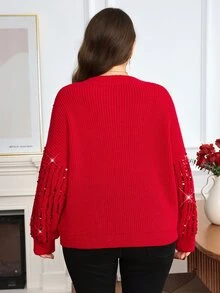 Comfylo Plus Size Christmas Autumn/Winter Fashion Sequin Sweater - Red - View 2