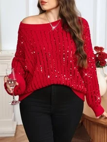 Comfylo Plus Size Christmas Autumn/Winter Fashion Sequin Sweater - Red - View 5