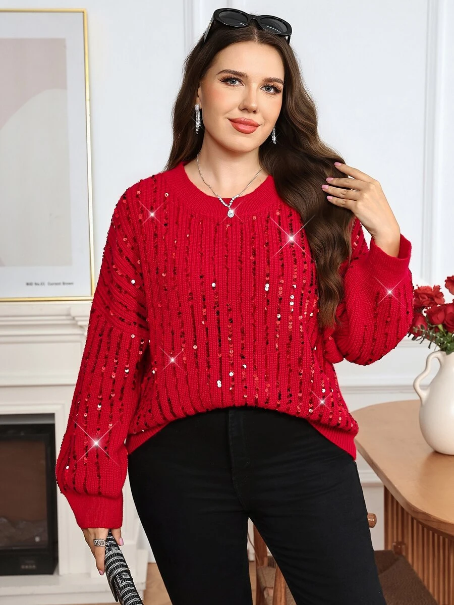 Comfylo Plus Size Christmas Autumn/Winter Fashion Sequin Sweater - Red - View 1