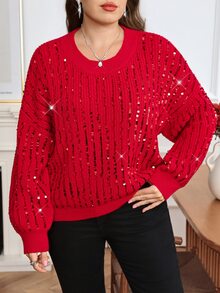 Comfylo Plus Size Christmas Autumn/Winter Fashion Sequin Sweater - Red - View 6