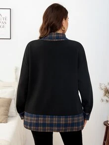 Easowa Curve Plus Size Women's Black & White Contrast Hoodie Shirt Collar 2 In 1 Fall - Black - View 2