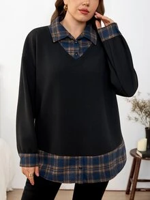Easowa Curve Plus Size Women's Black & White Contrast Hoodie Shirt Collar 2 In 1 Fall - Black - View 3