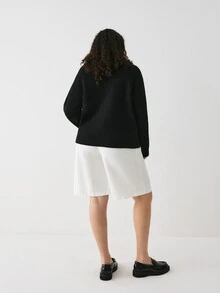 YARNWELL 女款V領極簡日常紋理長袖純色套頭針織衫 冬季 - 黑色 - 查看 3