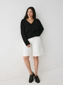 YARNWELL 女款V領極簡日常紋理長袖純色套頭針織衫 冬季 - 黑色 - 查看 10