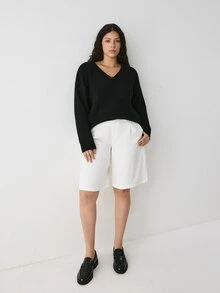 YARNWELL 女款V領極簡日常紋理長袖純色套頭針織衫 冬季 - 黑色 - 查看 12