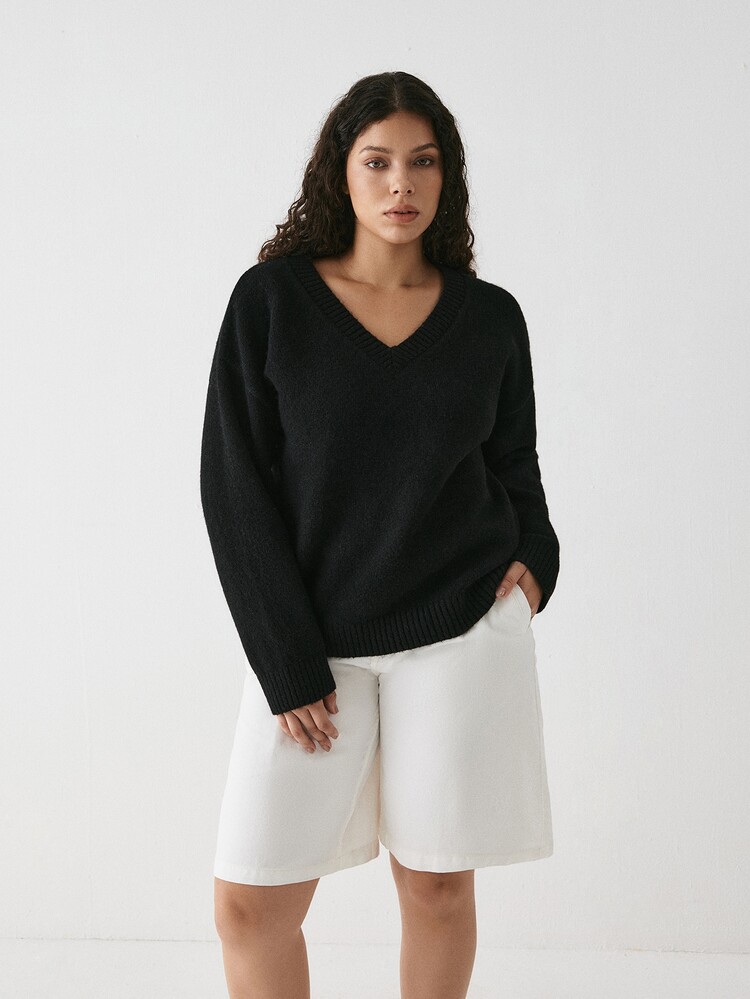 YARNWELL Women's V-Neck Minimalist Daily Textured Long Sleeve Solid Color Pullover Sweater Winter - Black - View 9