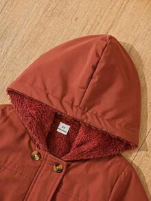 SHEIN Elladie kids 女童冬季外套，酒紅色小碎花圖案，保暖內裡，連帽雙排扣時尚長袖夾克，可愛田園風 - 酒紅色 - 查看 7