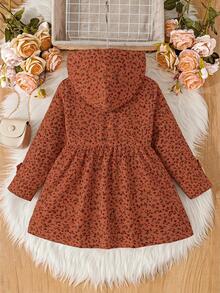 SHEIN Elladie kids 女童冬季外套，酒紅色小碎花圖案，保暖內裡，連帽雙排扣時尚長袖夾克，可愛田園風 - 酒紅色 - 查看 2