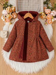 SHEIN Elladie kids 女童冬季外套，酒紅色小碎花圖案，保暖內裡，連帽雙排扣時尚長袖夾克，可愛田園風 - 酒紅色 - 查看 8