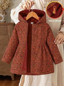 SHEIN Elladie kids 女童冬季外套，酒紅色小碎花圖案，保暖內裡，連帽雙排扣時尚長袖夾克，可愛田園風 - 酒紅色 - 查看 3