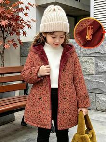 SHEIN Elladie kids 女童冬季外套，酒紅色小碎花圖案，保暖內裡，連帽雙排扣時尚長袖夾克，可愛田園風 - 酒紅色 - 查看 4