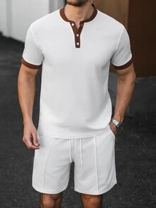 Manfinity CasualCool 男士拼色短袖T恤與短褲休閒日常套裝 - 白色 - 查看 3
