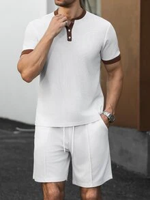 Manfinity CasualCool 男士拼色短袖T恤與短褲休閒日常套裝 - 白色 - 查看 8