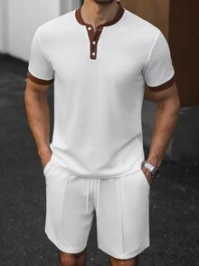 Manfinity CasualCool 男士拼色短袖T恤與短褲休閒日常套裝 - 白色 - 查看 9