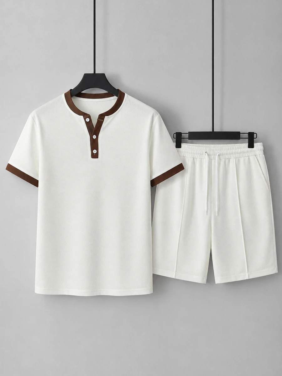 Manfinity CasualCool 男士拼色短袖T恤與短褲休閒日常套裝 - 白色 - 查看 1