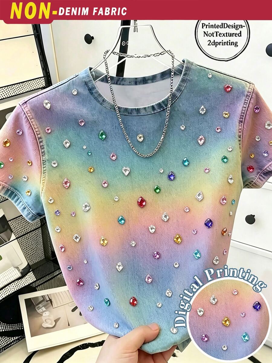 SHEIN Sparklyn 青少年女孩數位鑽石圖案短袖T恤，春夏休閒舒適，夏季百搭穿搭，適合戶外運動、野餐、街拍、度假、節日、禮物、日常穿著 - 彩色 - 查看 1