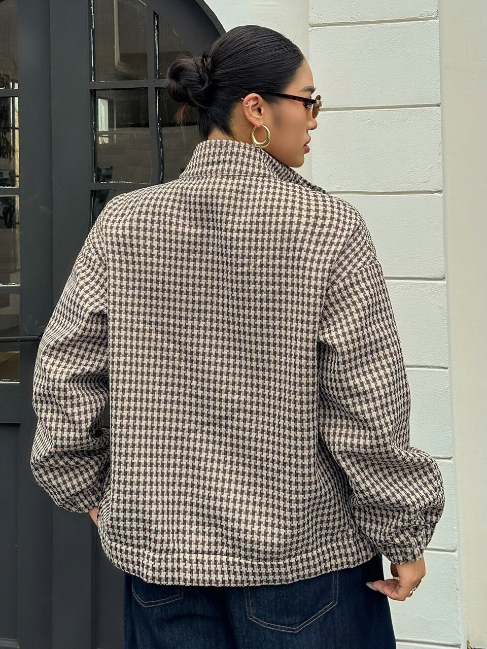 Dazy Plus Plus Size Thermal-Lined Wool Blend Loose Fit Business Casual Argyle Pattern Brown Colorblock Patchwork Outdoor Streetwear Regular Jacket Fall