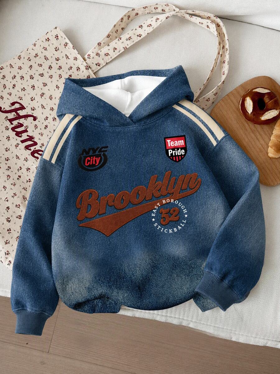 Tween Girl Letter Graphic Contrast Tape Hooded Thermal Lined Sweatshirt - Multicolor - View 1