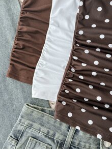 SHEIN Girlism 青少年女孩背心與細肩帶上衣 3件組，純色與波點圖案，方領、抽褶腰部、修身剪裁，隨機 6 款中發送 3 款 - 彩色 - 查看 3