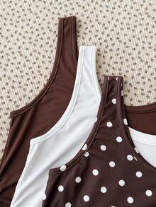 SHEIN Girlism 青少年女孩背心與細肩帶上衣 3件組，純色與波點圖案，方領、抽褶腰部、修身剪裁，隨機 6 款中發送 3 款 - 彩色 - 查看 5