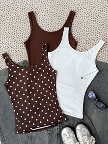 SHEIN Girlism 青少年女孩背心與細肩帶上衣 3件組，純色與波點圖案，方領、抽褶腰部、修身剪裁，隨機 6 款中發送 3 款 - 彩色 - 查看 7
