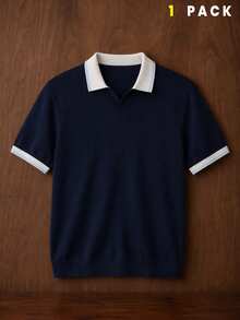 AKNOTIC 男士拼色休閒百搭通勤短袖 Polo 衫，度假、父親節禮物、足球 - 藍色 - 查看 4