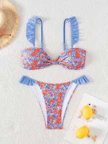 Swim Mod 夏季海滩度假女式吊带上衣，配有可拆卸肩带和前腰系带荷叶边短裤和比基尼泳装套装 - 彩色 - 查看 4