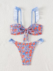 Swim Mod 夏季海滩度假女式吊带上衣，配有可拆卸肩带和前腰系带荷叶边短裤和比基尼泳装套装 - 彩色 - 查看 5