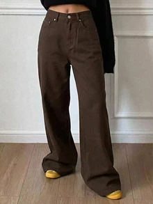 Livesso Petite High Waist Wide Leg Jeans Fall - Brown - View 2