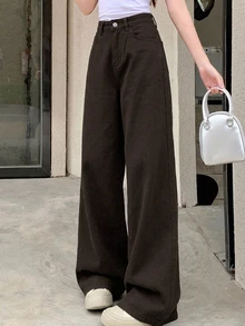 Livesso Petite High Waist Wide Leg Jeans Fall - Brown - View 7