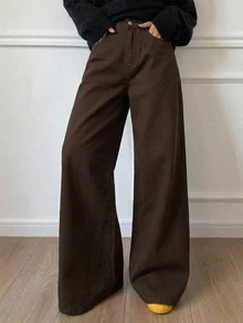Livesso Petite High Waist Wide Leg Jeans Fall - Brown - View 6